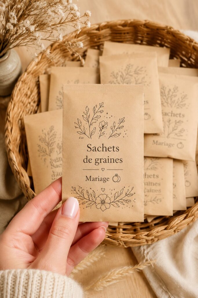 Sachets de graines colorés présentés sur une table de mariage.