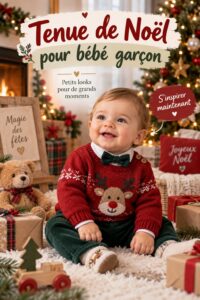 Un bébé garçon portant une tenue festive de Noël avec un pull rouge et un pantalon blanc, souriant sous le sapin.