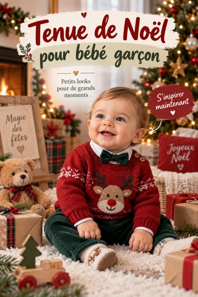 Un bébé garçon portant une tenue festive de Noël avec un pull rouge et un pantalon blanc, souriant sous le sapin.