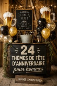 Thème de fête d'anniversaire pour homme avec décorations colorées et joyeuses.