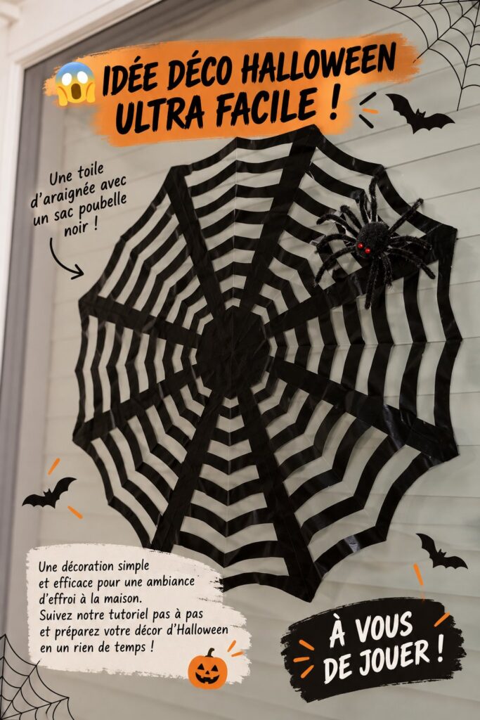 Toile d'araignée DIY réalisée avec un sac plastique noir dans un décor d'Halloween