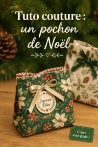 Pochon de Noël coloré en tissu festif avec un joli ruban.